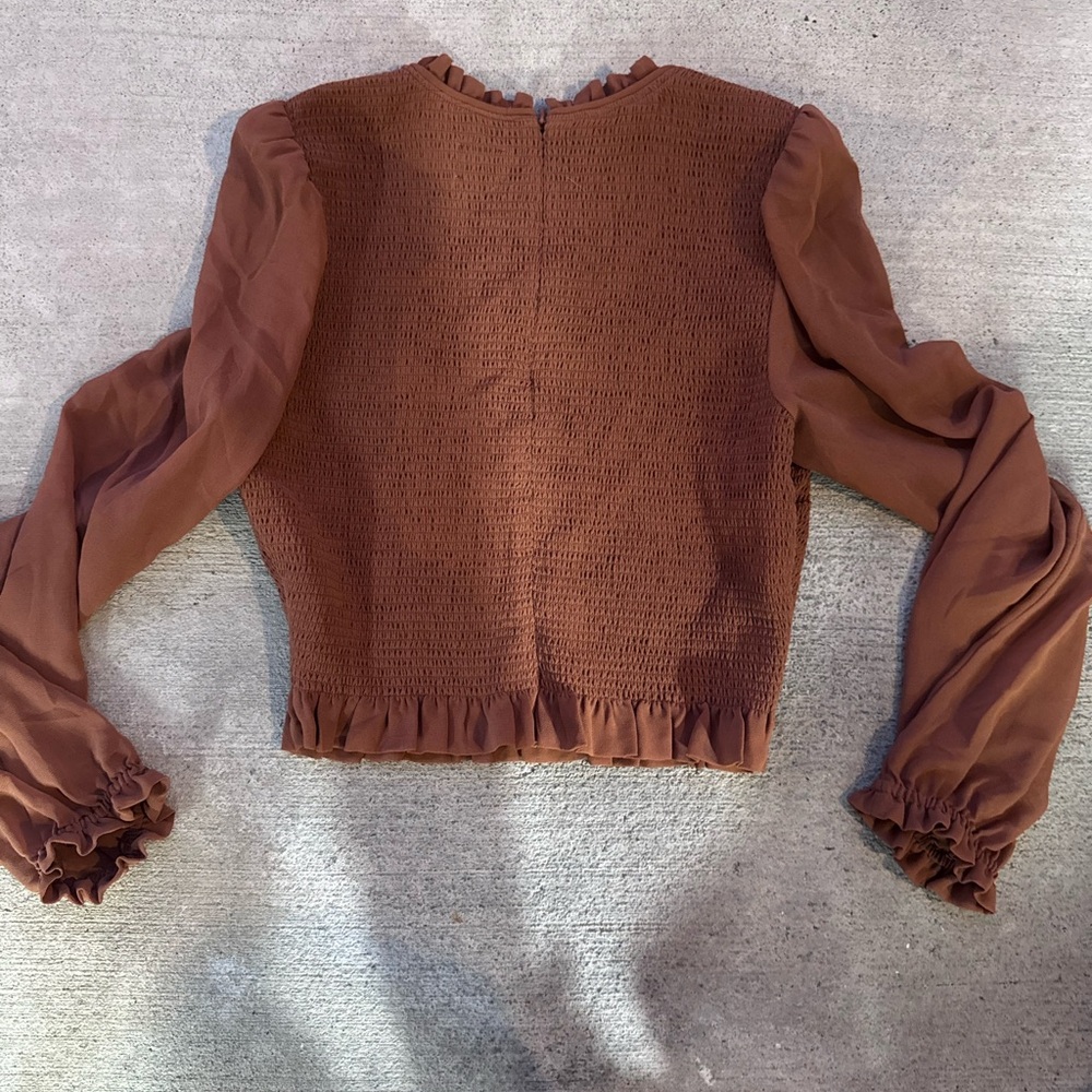 Wilfred Rust Brown Smocked Ruffle Blouse - Picture 2 of 6